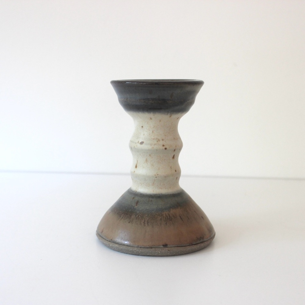 Vintage Signed Studio Pottery Bud Vase or Candle Holder in Cream, Beige, Blue